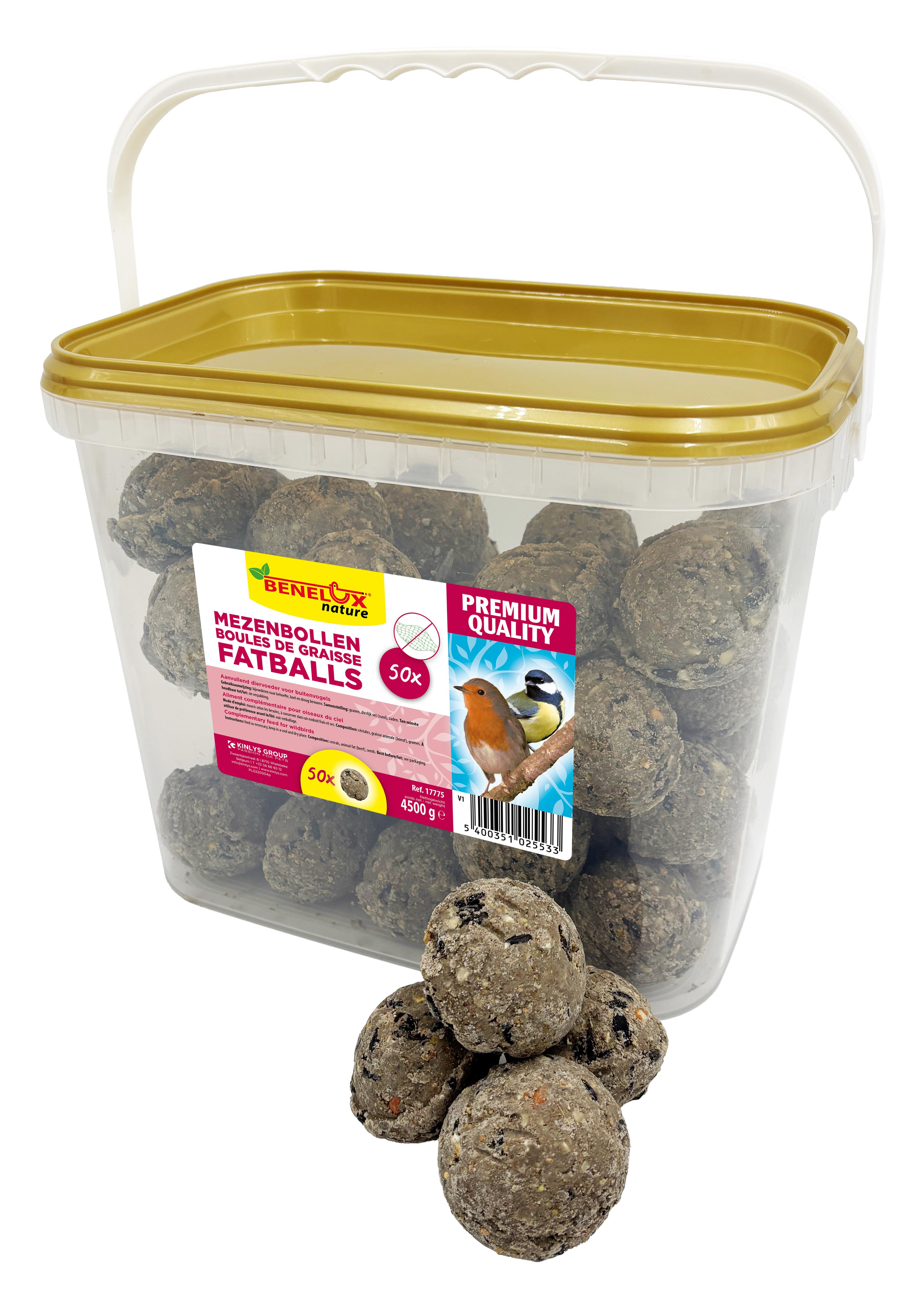 MEZENBOLLEN PREMIUM 50 ST IN VIERKANT EMMER ZONDER NET VOOR VRIJE NATUURVOGELS